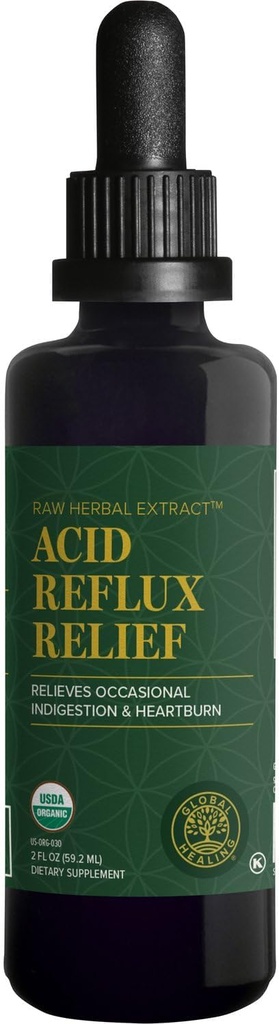 Global Healing Acid Reflux Relief Organic Liquid Supplement W/Slippery Elm - aide l'estomac, les brûlures d'estomac, l'indigestion - soutient la défense du corps contre les problèmes digestifs - 2 Fl oz