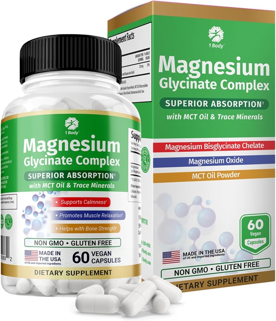 1 Body Magnesium Glycinate Complex, High Absorption Magnesium Supplement for Calm, Muscle Relaxation & Bone Health Support, Vegan with MCT Oil & Trace Minerals, Non-GMO, 60 Capsules