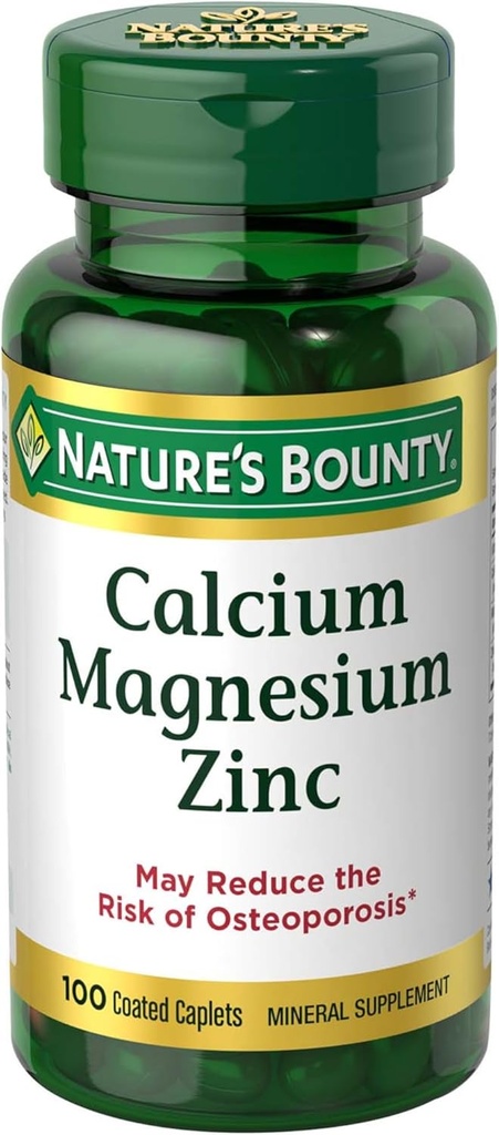 Nature's Bounty Calcium Magnésium & Zinc Caplets, Immune & Bone Health, Supplément quotidien, 1000mg Calcium, 400mg Magnésium, 600 UI Vitamine D, Sans gluten, 100 Caplets