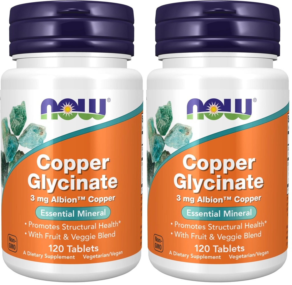 MAINTENANT Suppléments, Glycinate de cuivre avec 3 mg de cuivre d'Albion, favorise la santé structurelle*, 120 comprimés, gris clair, Tan (paquet de 2)