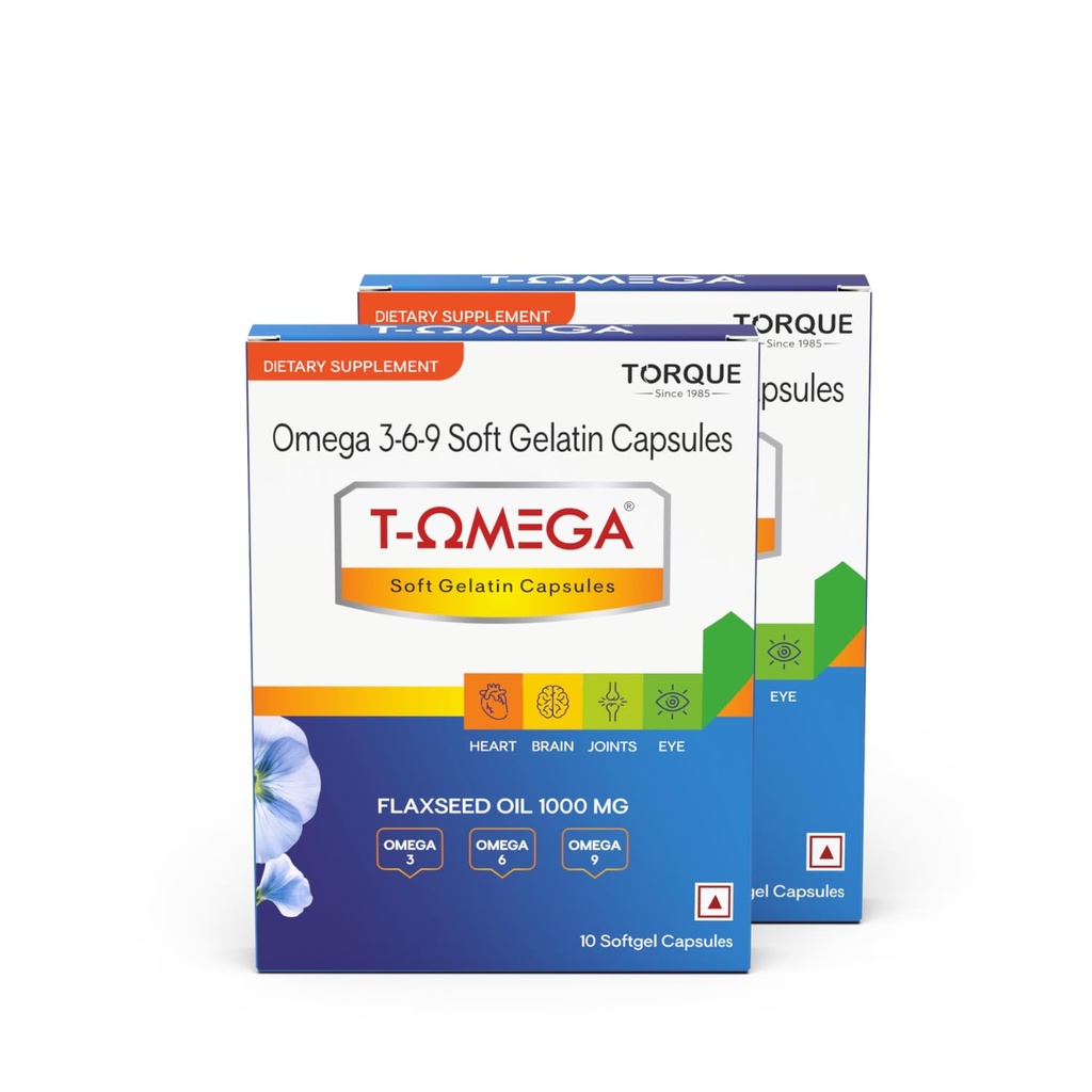 T-Omega Flaxseed Oil 1000mg | Omega 3-6-9 Essential Fatty Acid Supplement for Heart, Brain, Joint, and Eye Health Pack Of 2