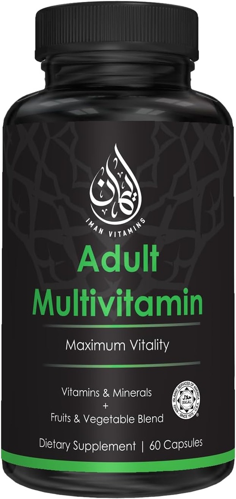 Gélules de multivitamines halales complètes pour adultes Hommes et femmes (42) Mélange de fruits et légumes avec fer, zinc, coQ10, acide folique et vitamine A, B1, B3, B6, B12, C, D3, E-60 Nombre