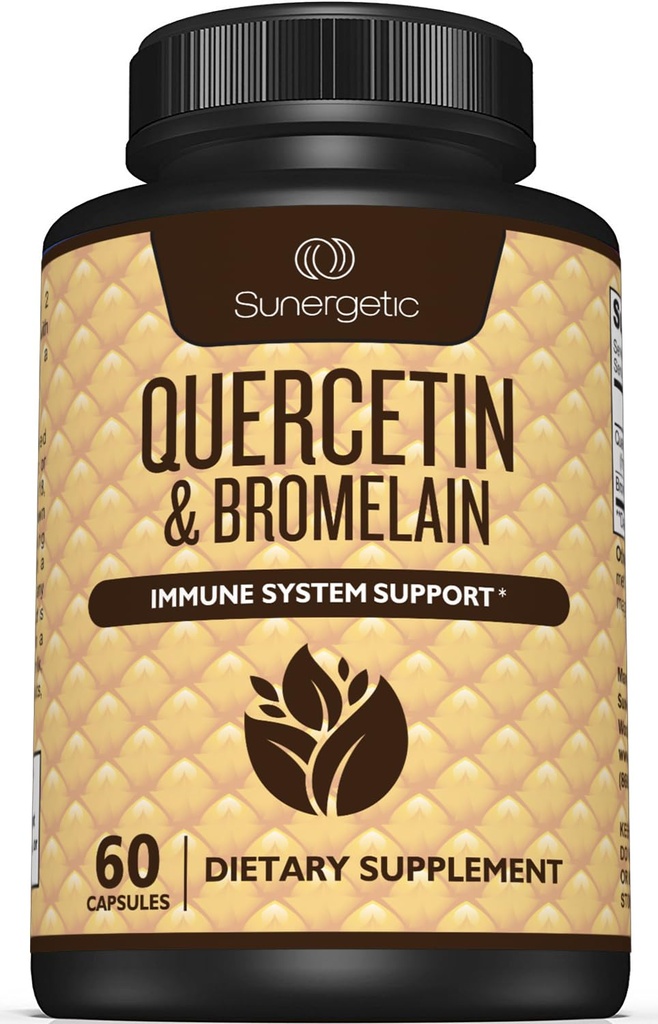 Supplément Sunergetic Premium Quercetin & Bromelain – Complexe puissant Quercetin Bromelain pour aider à soutenir le système immunitaire et le soutien saisonnier – Quercetin 1000mg par service – 60 capsules