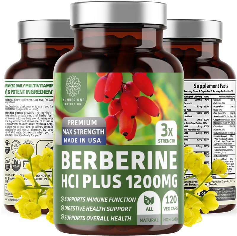 N°1 Nutrition N1N Premium Berberine Plus 120 Caps, 1200mg, Supplément naturel soutient l'anti-âge, la santé cellulaire, l'énergie et la digestion