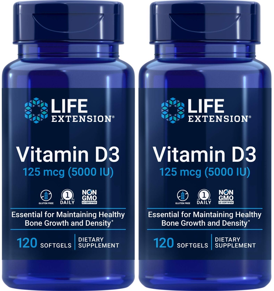 Prolongation de la durée de vie Vitamine D3 5000 UI, 120 softgels (paquet de 2)