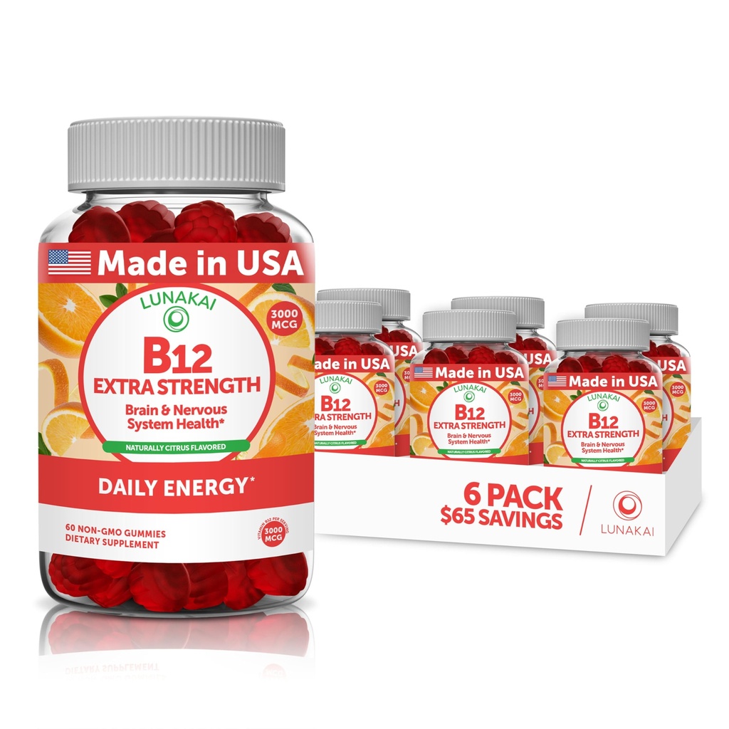 Vitamine B12 Gummies pour adultes - Formule propriétaire la plus délicieuse - 3000 mcg de méthyle B-12 Gummies à haute absorption d'énergie - Vit végétalien non-OGM B12 - Chewable B 12 pour le soutien énergétique et la santé des os - 6 paquets