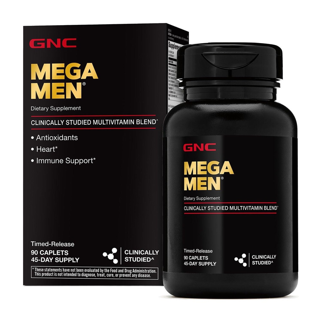 GNC Mega Hommes Caplets multivitamines, cliniquement prouvé pour se sentir mieux, soutien immunitaire, soutien énergétique, antioxydants, vitamines B, vitamine D-3, libération chronométrée, 90 Compte, 45 jours d'approvisionnement