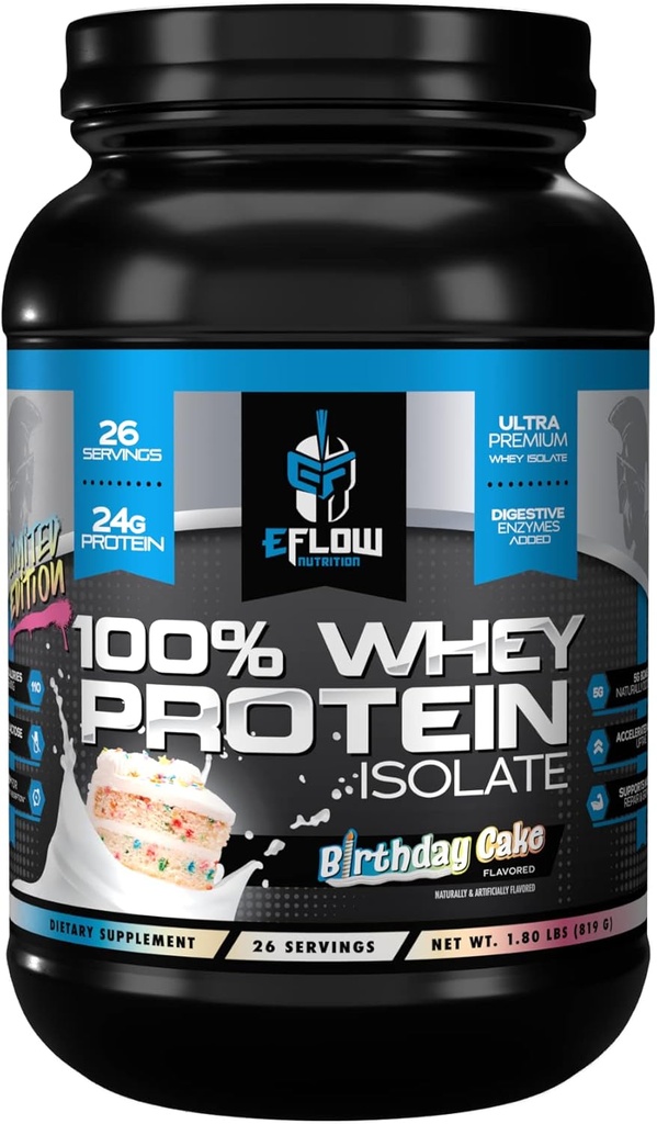 eFlow Nutrition 100% Whey Protein Isolate - Enzymes digestifs sans lactose ajoutés, faible teneur en glucides, post entraînement Shake, rapide digestion pour la récupération optimale des muscles - gâteau d'anniversaire (26 portions)