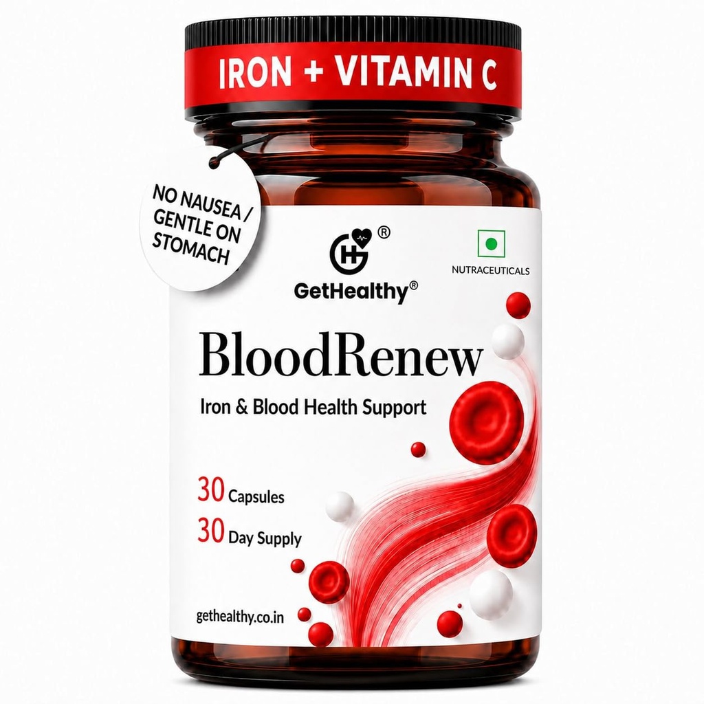 GetHealthy® BloodRenew™ Vegan Iron Supplement for Men & Women | Ferrous Bisglycinate (Iron Bisglycinate) 29mg with Vitamin C, B12, 5-MTHF Folate, Lactiplantibacillus Plantarum 1 Billion CFU, Beetroot & Spirulina | Hemoglobin, Energy & Blood Health Support | 30 Capsules | 30 Day Supply