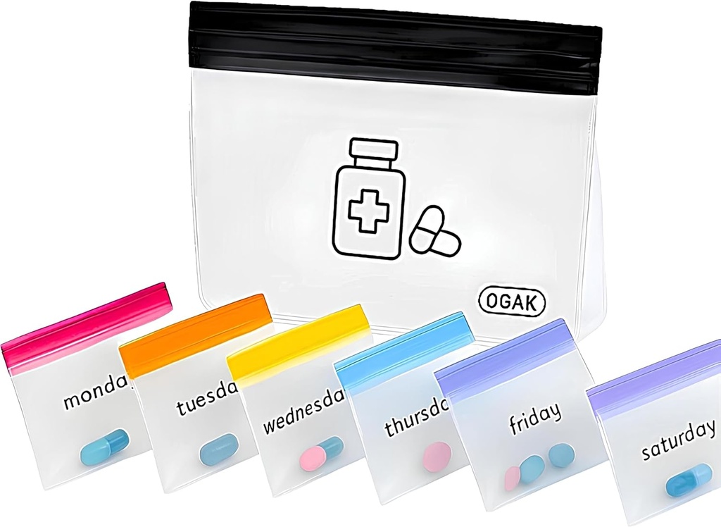 Pochettes à pilules Sacs pour voyage réutilisable, Mini sacs en plastique colorés 7 jours, Organisateur de pilules de voyage, Petits sacs à pilules et grand conteneur de pilules de voyage, Sac de stockage de médicaments, Sacs à serrures claires