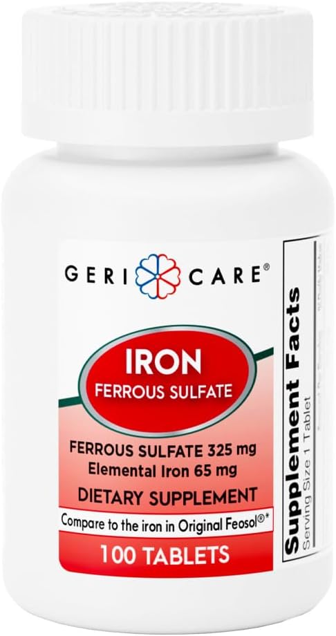 Comprimés de sulfates ferreux GeriCare 325mg, supplément de fer élémentaire 65 mg de fer à haute puissance.