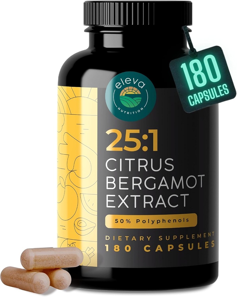 Citrus Bergamot Extract 1000mg Capsules — Natural 25:1 Citrus Bergamot Supplement with 50% Polyphenols Extract and Black Pepper — Natural Formula Vegan and Non-GMO — 180 Capsules