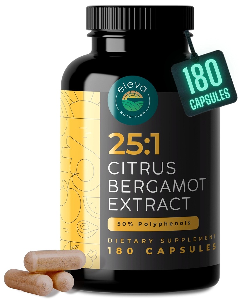 Extrait d'agrumes de Bergamote 1000mg Capsules — Supplément naturel de 25:1 d'agrumes de Bergamote avec 50% d'extrait de polyphénols et de poivre noir — Formule naturelle végétalienne et non OGM — 180 Capsules