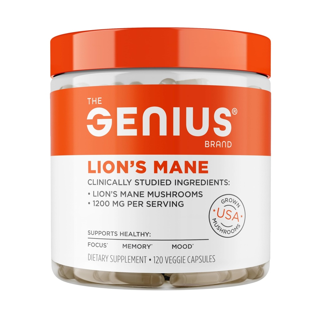 The Genius Brand Genius Lion's Mane - Plant-Based Supplement for Memory, Focus & Mood Support - Organic & Non-GMO - 120 Veggie Capsules