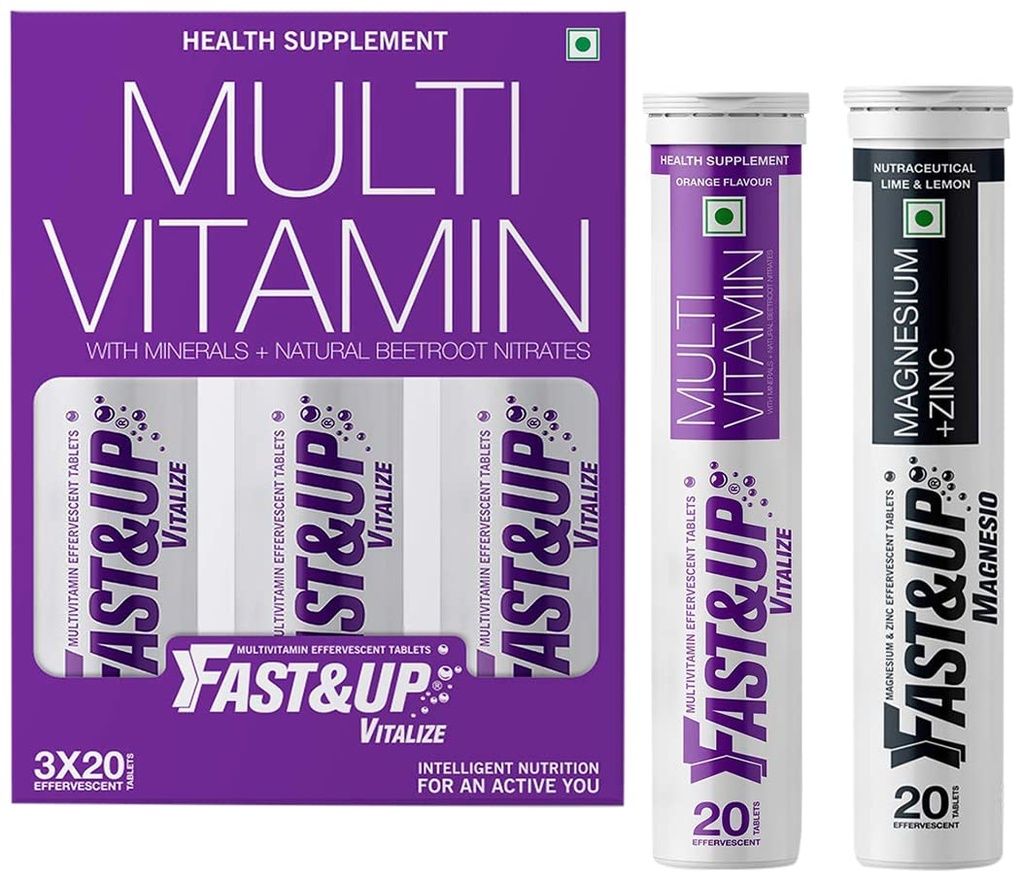Fast&Up Vitalize Multivitamin Supplement 21 Vitamins And Minerals - 60 Tablets & Fast&Up Magnesio - Magnesium and Zinc for Muscle Health and Stress - 20 Effervescent Tablets - Lime and Lemon Flavor