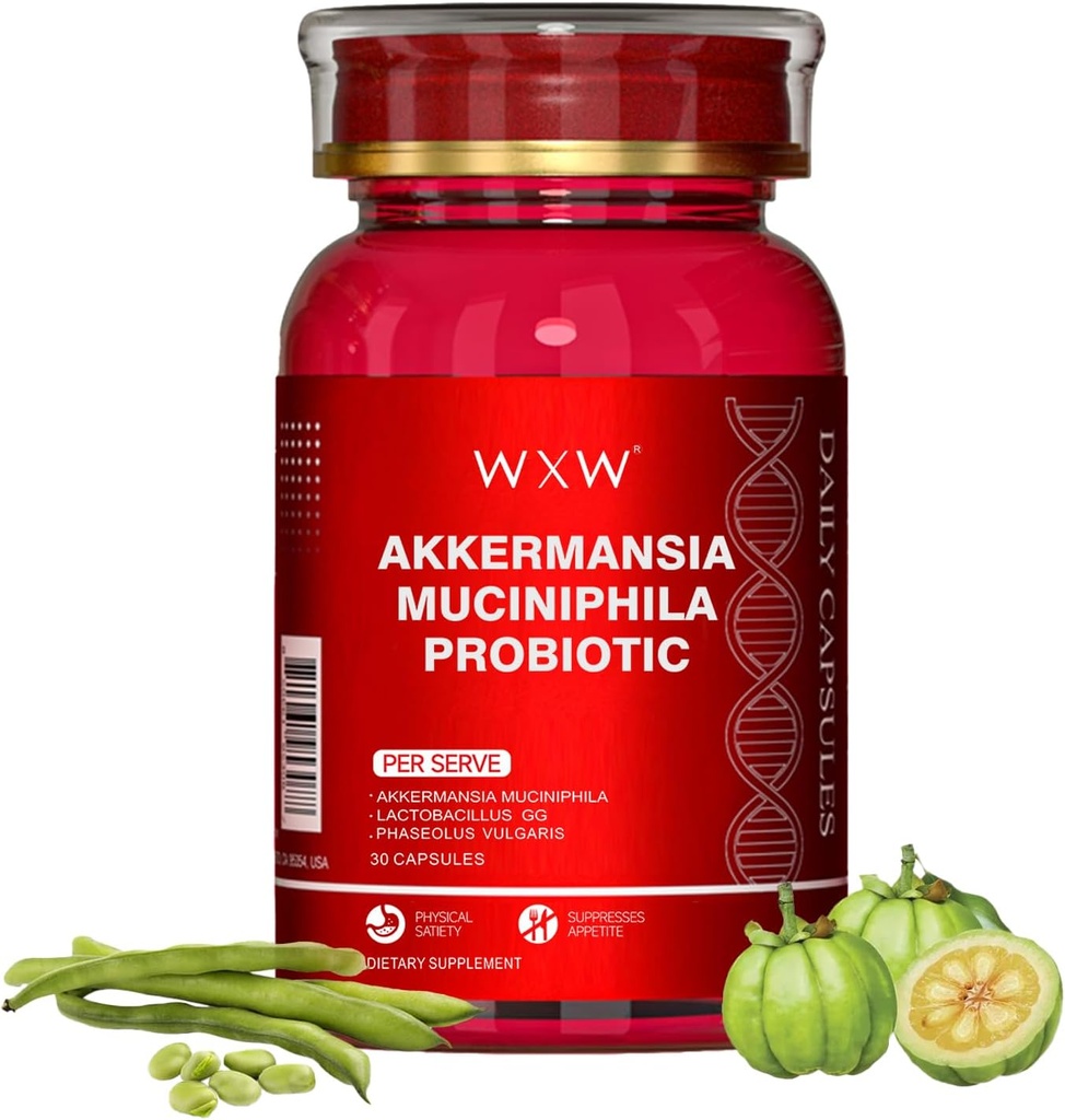 WXW Akkermansia Muciniphila Probiotique pour les femmes et les hommes, Aide GLP-1 Produisez naturellement, Lactobacillus GG - Soutien pour le métabolisme Curb Cravates Digestion et santé Gut, 30 Capsules