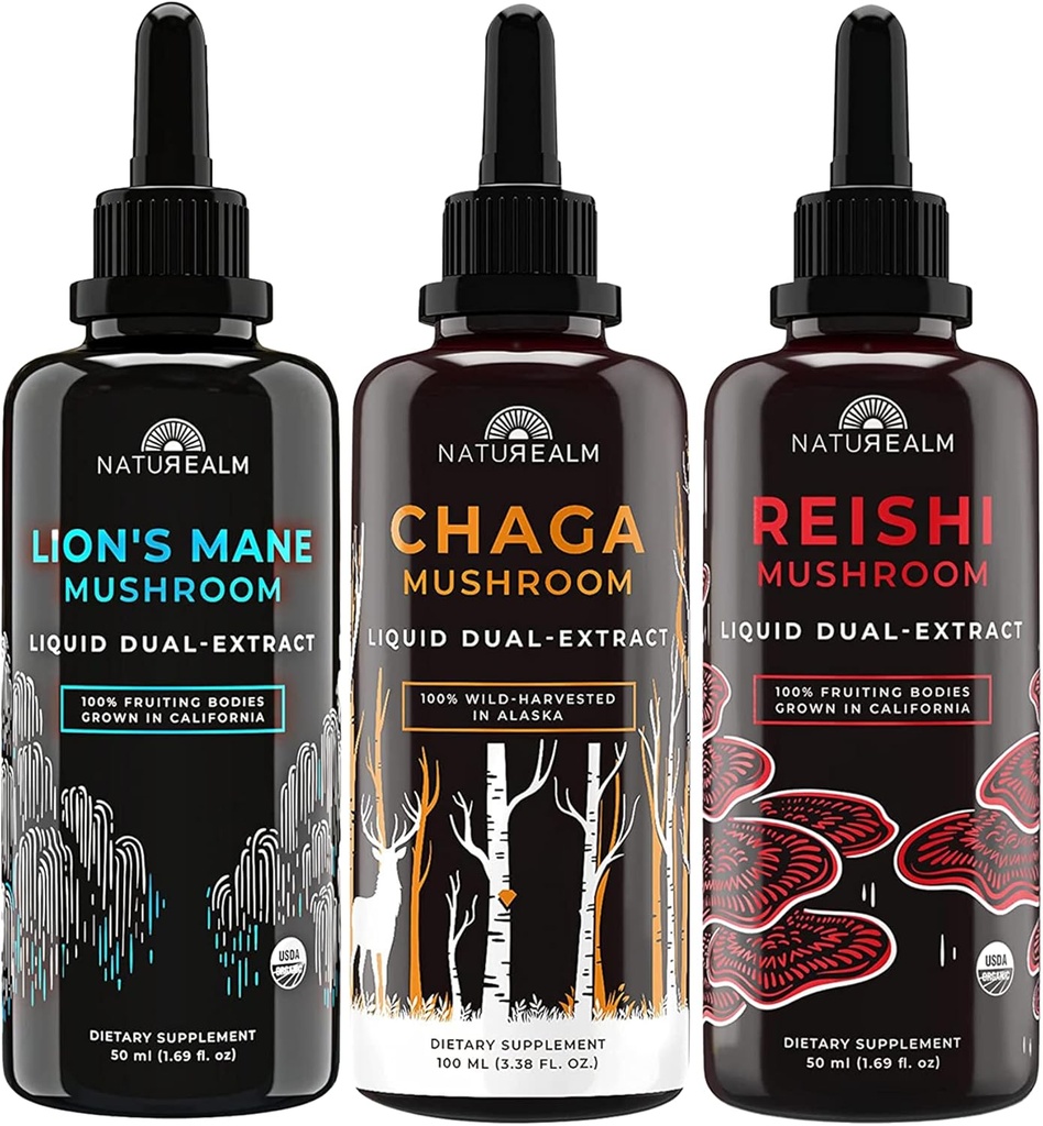 Naturealm Lion, Reishi, & Chaga Extrait de champignons - Adaptogen Stack for Focus, Immunity, Longevity, Gut Health, Anti-Aging, Energy, Healing, & More - gouttes liquides organiques - 50 ml Chaque (3 pack)