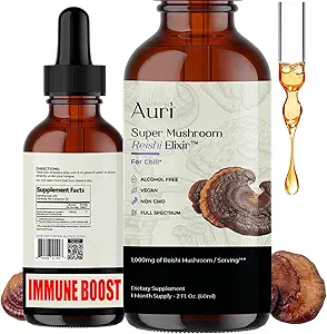 Auri Reishi Super Champignon Elixir - Immune Booster et supplément de soutien au stress pour obtenir un sommeil plus profond - Teinture Reishi 60ml