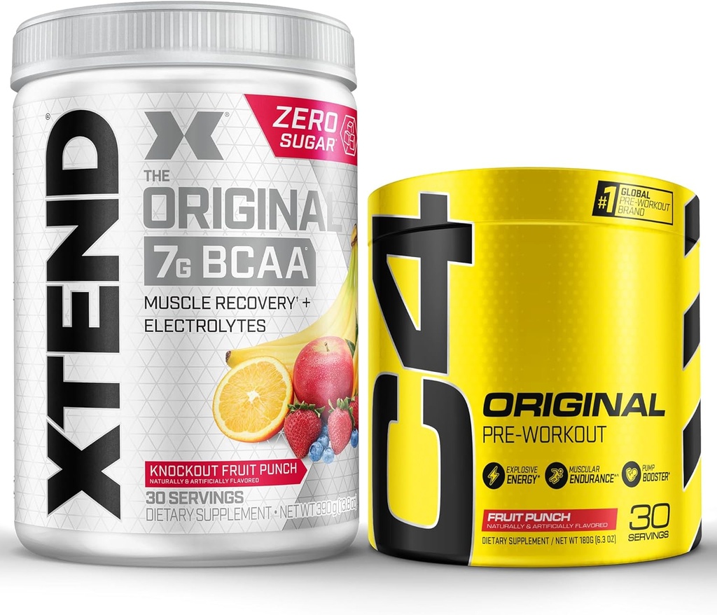 Cellucor Pre Workout & BCAA Bundle, C4 poudre de pré-entraînement originale, punch de fruits, 30 portions + XTEND BCAA poudre, punch de fruits knockout, 30 portions