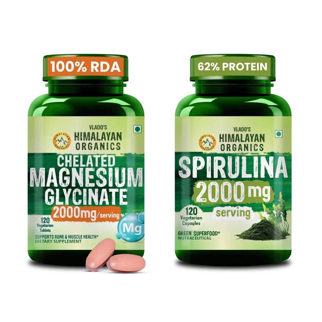 Vlado's Himalayan Organics Magnesium Glycinate + Spirulina Combo | Chelated Magnesium 2000mg & Spirulina 2000mg Green Superfood | Daily Wellness Support | 120 Veg Tablets + 120 Veg Capsules