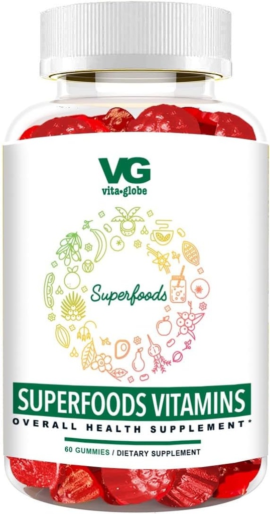 VITA GLOBE Superfood Vitamines Gummy – Imune Santé & Antioxydant Support – Gummies de bien-être quotidien pour adultes et enfants – Vegan, non-OGM, supplément sans gluten – 60 Compte