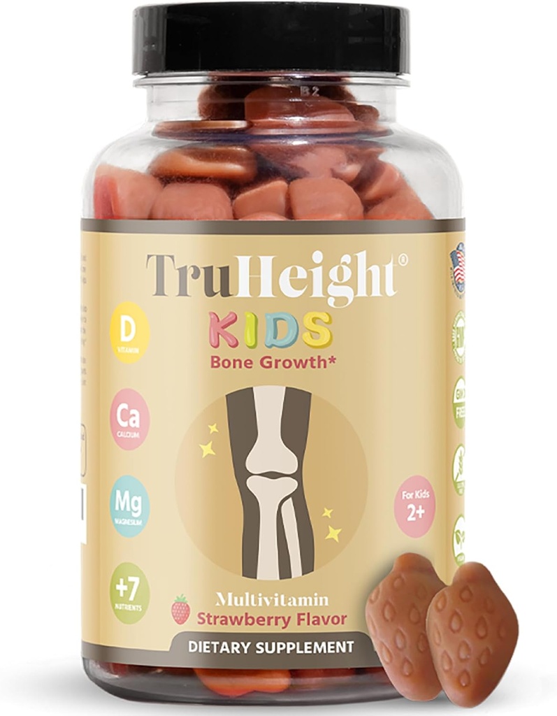 TruHeight Kids Bone Gommies de croissance (Strawberry, 2 ans et plus) Tous les enfants naturels et les vitamines pour nourrissons - vitamine D, calcium, K, magnésium multivitamine, croissance et développement, construit des os forts, D3 K2, végétalien