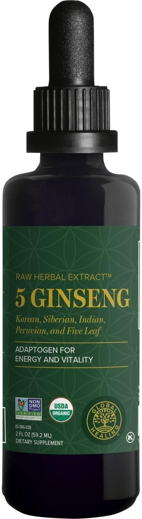 Global Healing Center - Ginseng - Extrait de plantes brutes organiques - La goutte de supplément de Panax liquide favorise l'énergie - Supplément de Ginseng coréen et sibérien, Maca, Ashwagandha - Non-OGM - 2 Fl Oz