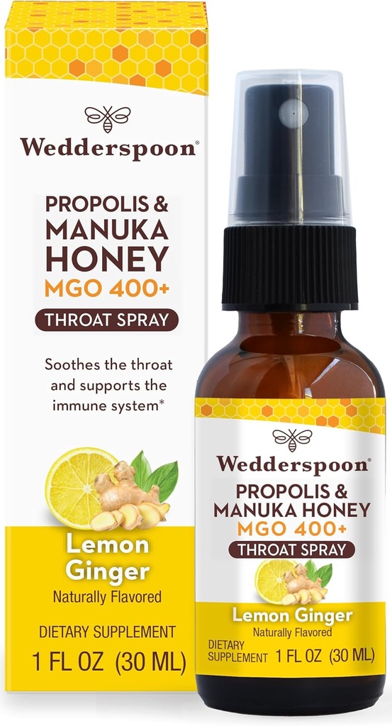Wedderspoon Propolis and Manuka Honey Throat Spray, Lemon & Ginger, 1 Fl Oz (Pack of 1), Sore Throat Relief, Natural Immune Support