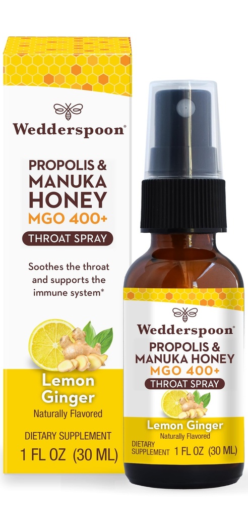 Wedderspoon Propolis et Manuka Honey Throat Spray, Lemon & Ginger, 1 Fl Oz (paquet de 1), Soulagement de la gorge, soutien naturel immunitaire