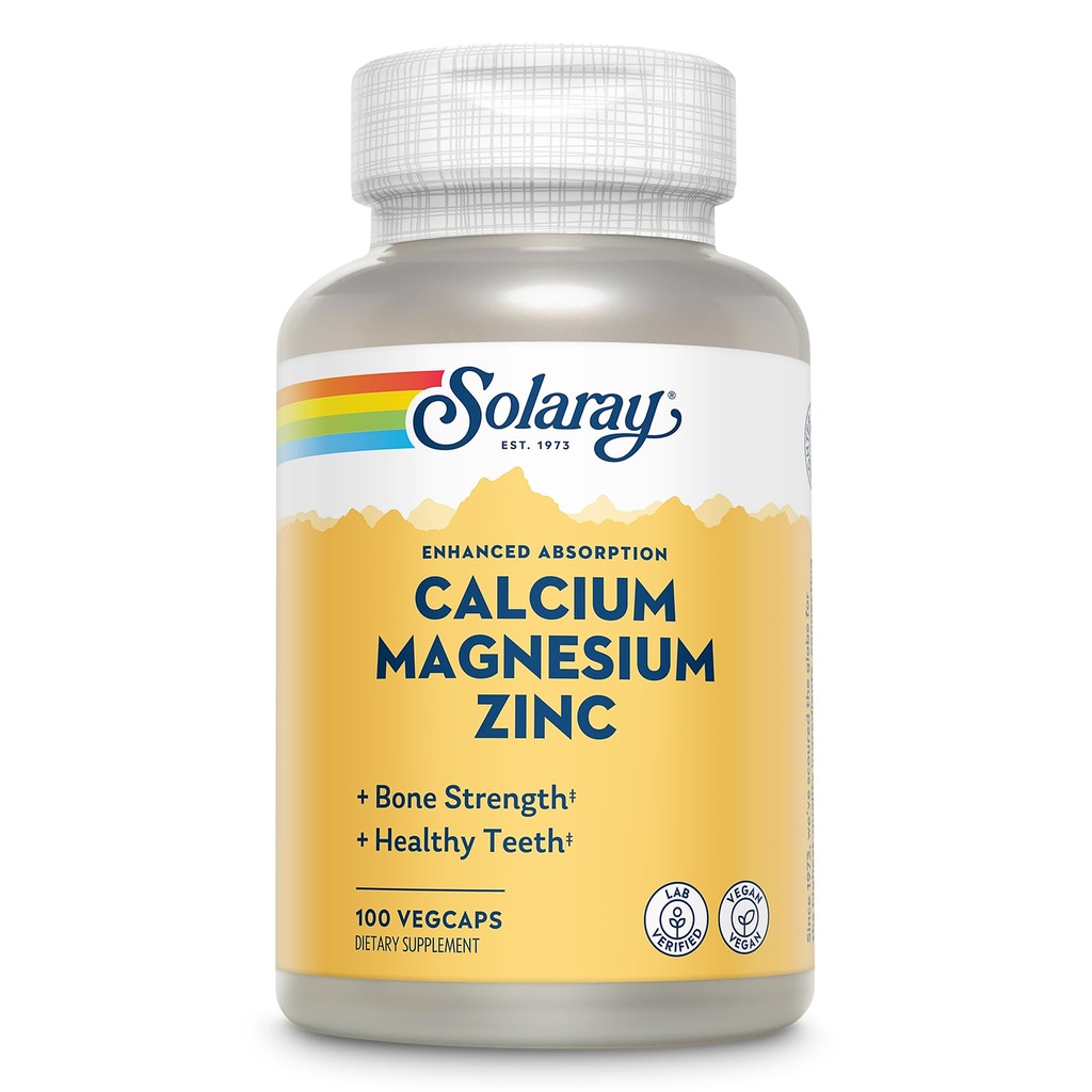 SOLARAY Supplément au zinc de magnésium de calcium - avec du calcium 1000mg, du magnésium 500mg - Santé osseuse, fonction musculaire, santé cardiaque et immunitaire - Vegan, garantie de 60 jours, 25 portions, 100 VegCaps