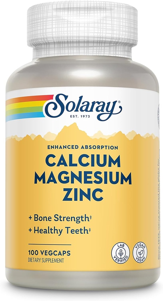 SOLARAY Supplément au zinc de magnésium de calcium - avec du calcium 1000mg, du magnésium 500mg - Santé osseuse, fonction musculaire, santé cardiaque et immunitaire - Vegan, garantie de 60 jours, 25 portions, 100 VegCaps
