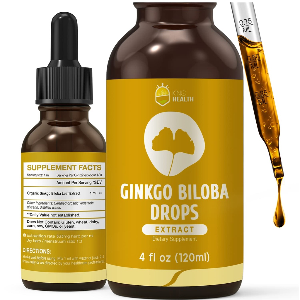 Ginkgo bio Biloba extrait des suppléments liquides, soutien du cerveau et de la concentration, 98% Absorption, végétalien, non-OGM, alcool et sans gluten - 4 Fl Oz
