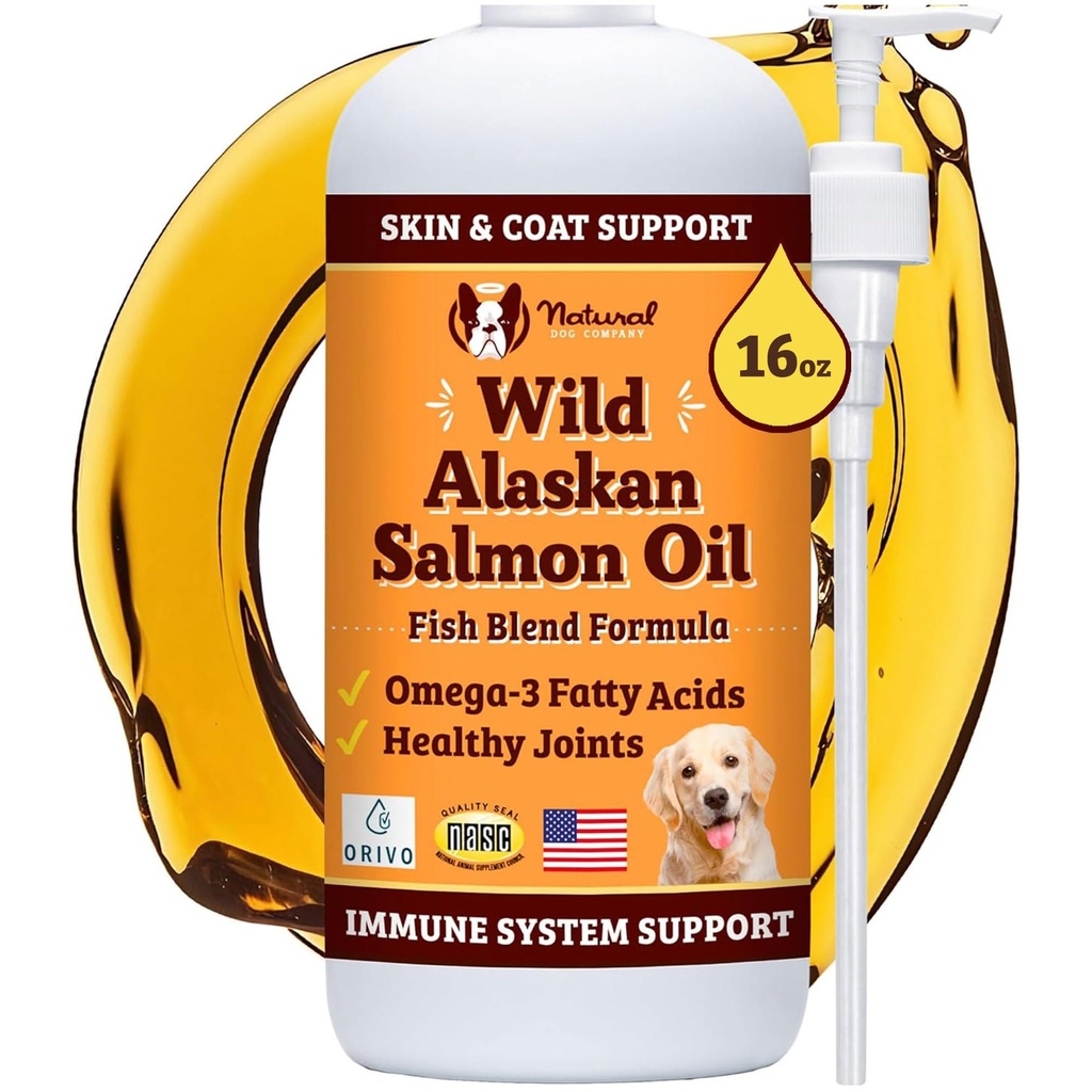 Natural Dog Company Wild Alaskan Salmon Oil Formula with Omega 3, Fish Oil for Dogs Complement, Skin & Coat Dog Oil, Itchy Relief, Immune Support for Joints & Heart, Food Topper, 16 oz.