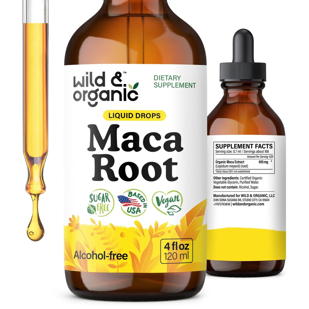 Wild & Organic Maca gouttes liquides pour les hommes et les femmes - Teinture de la maca péruvienne pour le soutien global - Vegan, sucre et sans alcool supplément - 4 fl oz
