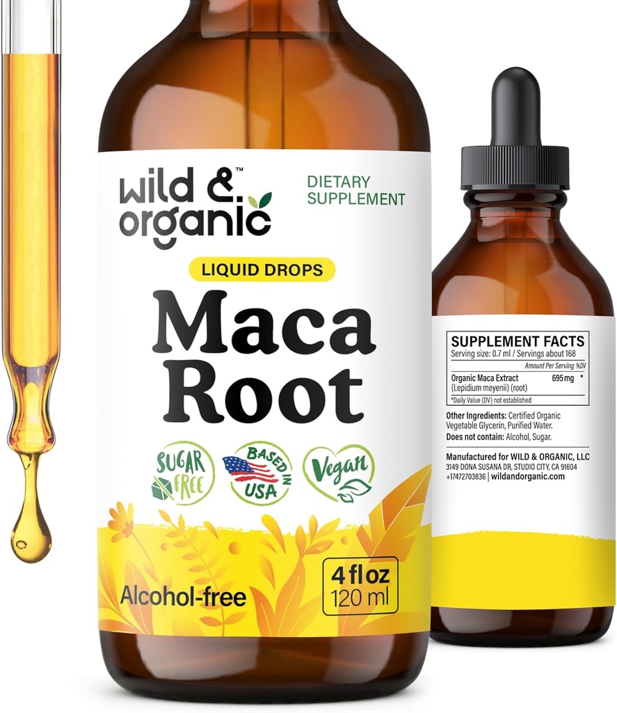 Wild & Organic Maca gouttes liquides pour les hommes et les femmes - Teinture de la maca péruvienne pour le soutien global - Vegan, sucre et sans alcool supplément - 4 fl oz