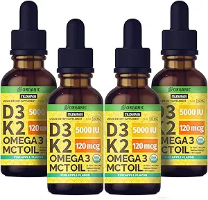 (4 pack) Vitamine biologique D3 K2 gouttes avec l'huile MCT Omega 3, résistance maximale Vitamine D Liquide 5000 UI, sans remplissage, liquide non OGM D3 pour l'absorption plus rapide et le support immunitaire (Pineapple, 4 Fl Oz)