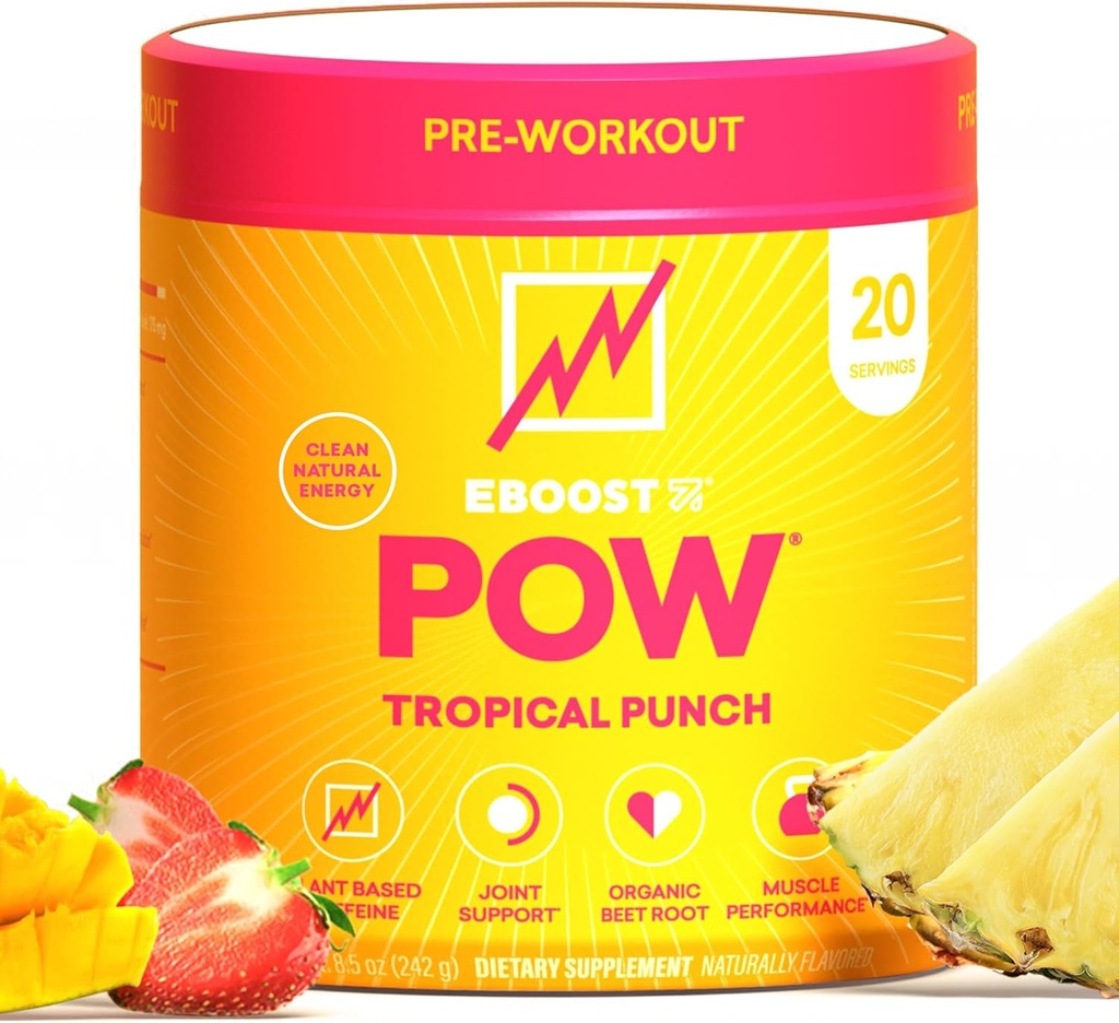 EBOOST POW Poudre pré-entraînement naturelle – 20 portions - Tropical Punch - Un supplément pré-entraînement pour la performance, le soutien de la mobilité conjointe, énergie, focus - Hommes et femmes - Non-OGM, sans gluten, sans créatine