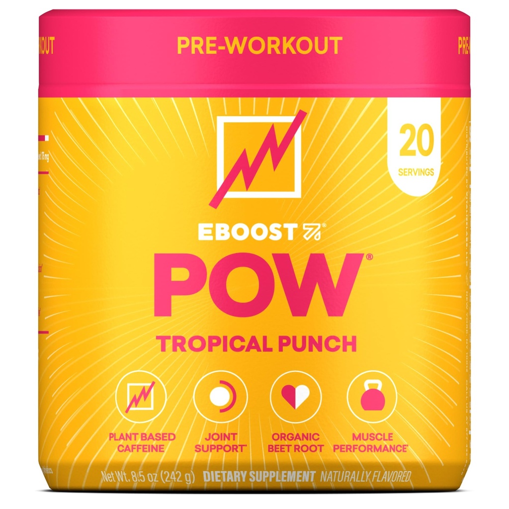 EBOOST POW Poudre pré-entraînement naturelle – 20 portions - Tropical Punch - Un supplément pré-entraînement pour la performance, le soutien de la mobilité conjointe, énergie, focus - Hommes et femmes - Non-OGM, sans gluten, sans créatine