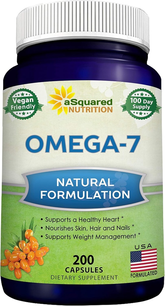 aSquared Nutrition Purified Omega 7 Acides gras-200 Capsules de Buckthorn de mer naturel, Supplément de vitamine XL, Pas de Burp de poisson, Vegan, Omega 3 6 9 pour des résultats complets de perte de poids