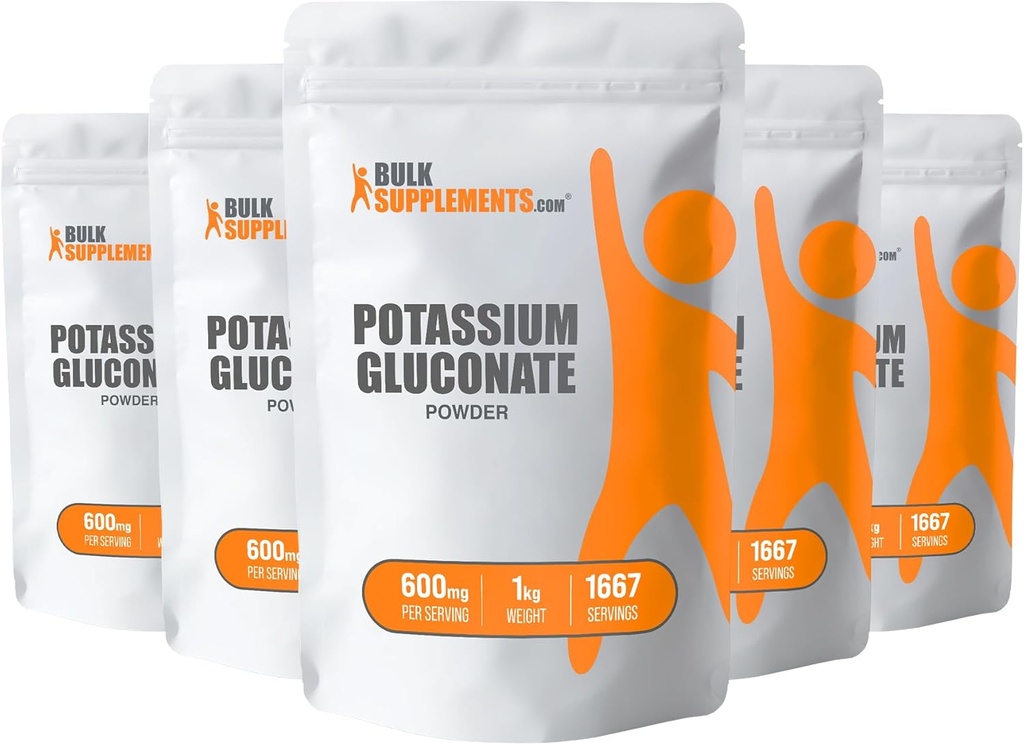 BulkSupplements.com Poudre de gluconate de potassium - Supplément de potassium, supplément minéral - Sans gluten, 600mg par portion, 5kg (11 lbs) (paquet de 5)
