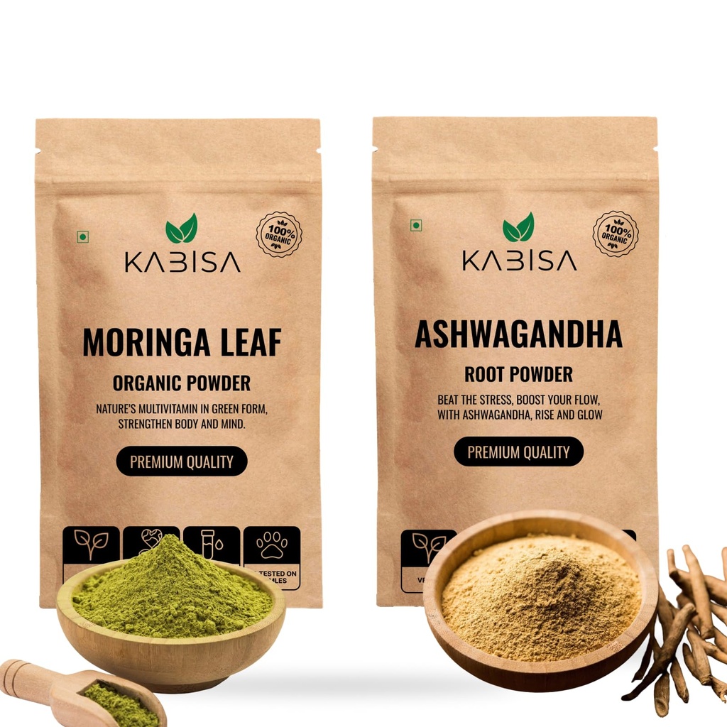 Organics Moringa & Ashwagandha Powder Combo (100g Each) | Organic, Natural Superfood Blend for Energy, Immunity, Stress Relief, Performance & Overall Wellness | Rich in Vitamins, Minerals & Antioxidants