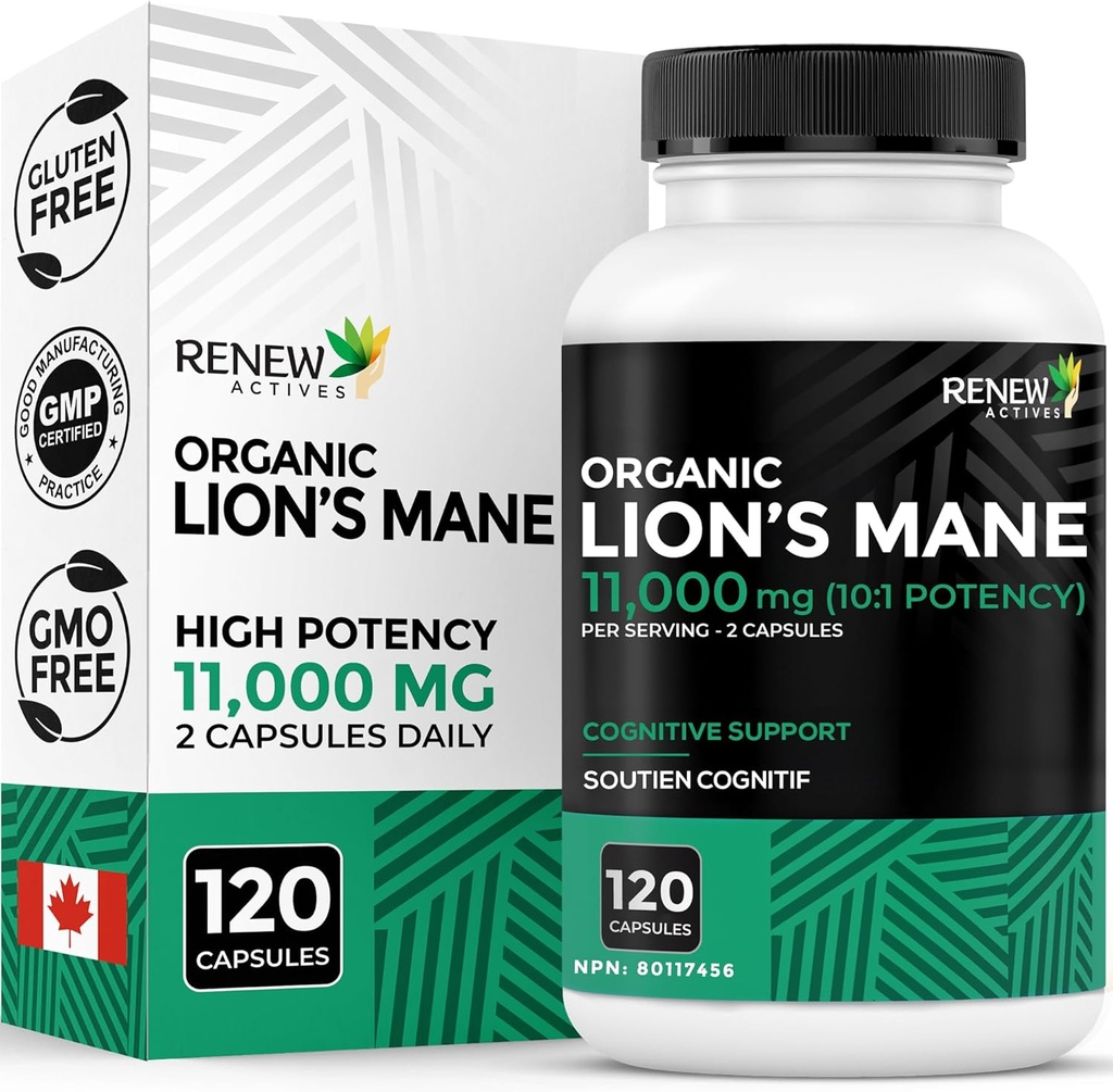 Renouveler les actifs Mushroom Lion biologique premium 1100MG par 2 capsules - Soutient la fonction cérébrale, la mémoire, le focus, le soulagement du stress et la santé immunitaire, non OGM, végétalien - Fabriqué au Canada - 120 capsules