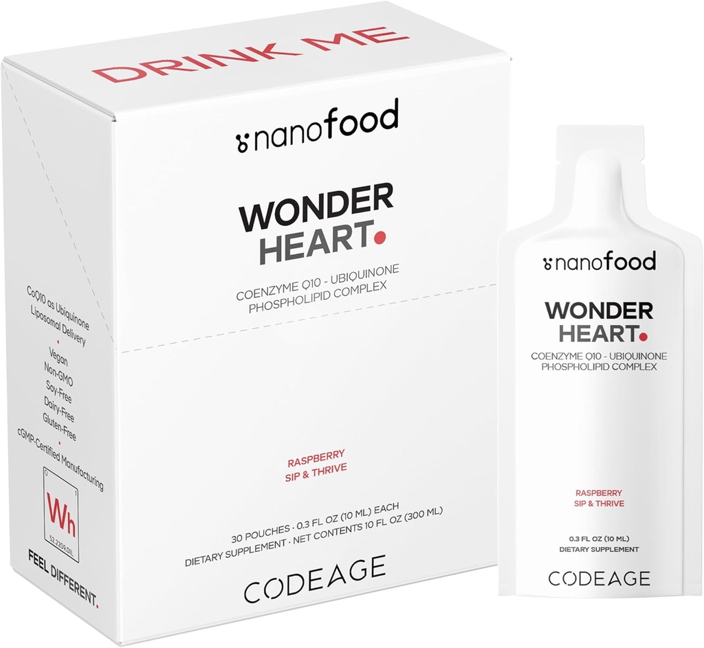 Codeage Wonder Heart Liquid CoQ10 Liposomal Ubiquinone Supplément, Coenzyme Q10 Vitamines cardiaques, Non-OGM Tournesol Phosphatidylcholine Mélange végétalien, Aromatisé aux framboises Softgel, Paquet de 30 Pouches