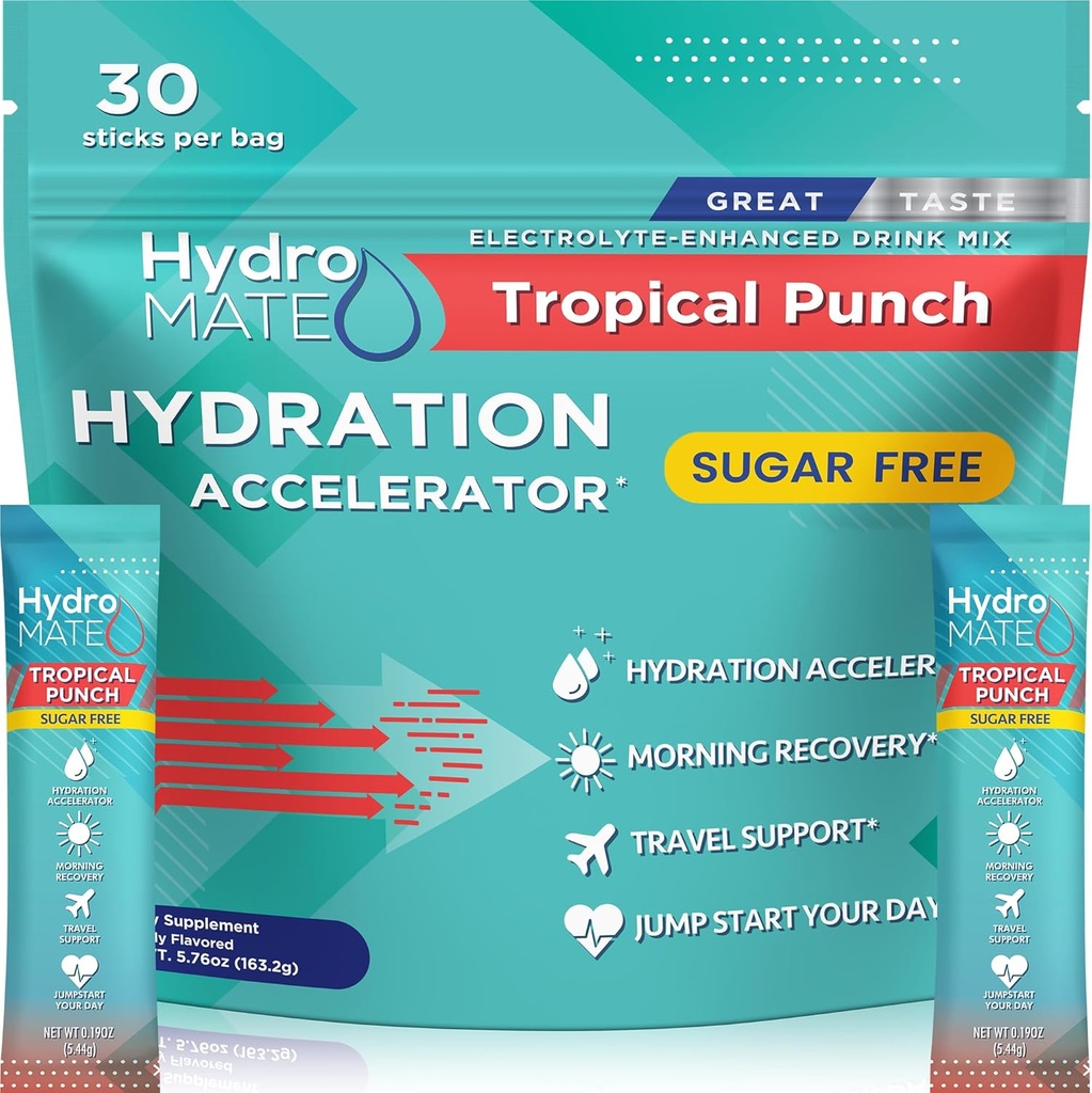 Poudre d'électrolyte Packs d'hydratation sans sucre Tropical Punch HydroMATE 30 bâtons