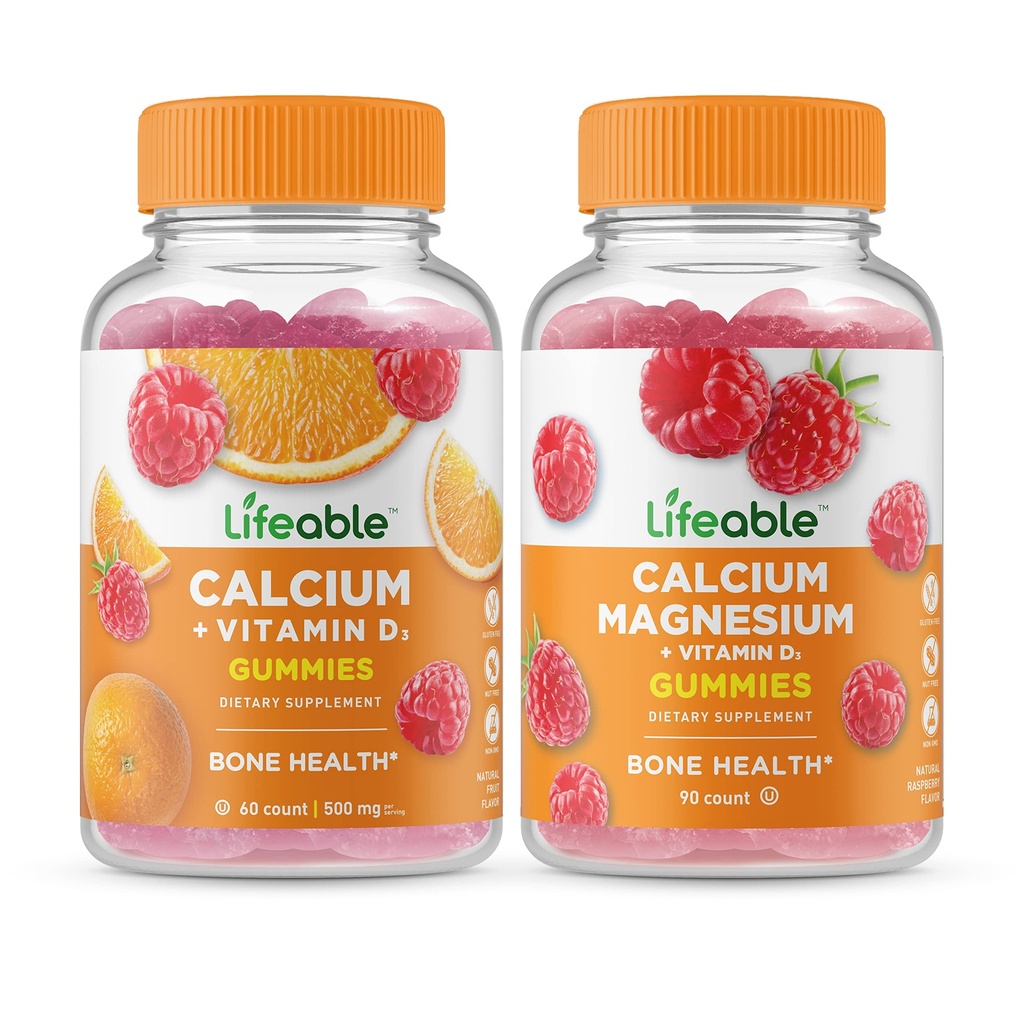 Calcium vital avec vitamine D + magnésium de calcium, Gummies Bundle - Grande dégustation, supplément de vitamine, sans gluten, sans OGM, à mâcher