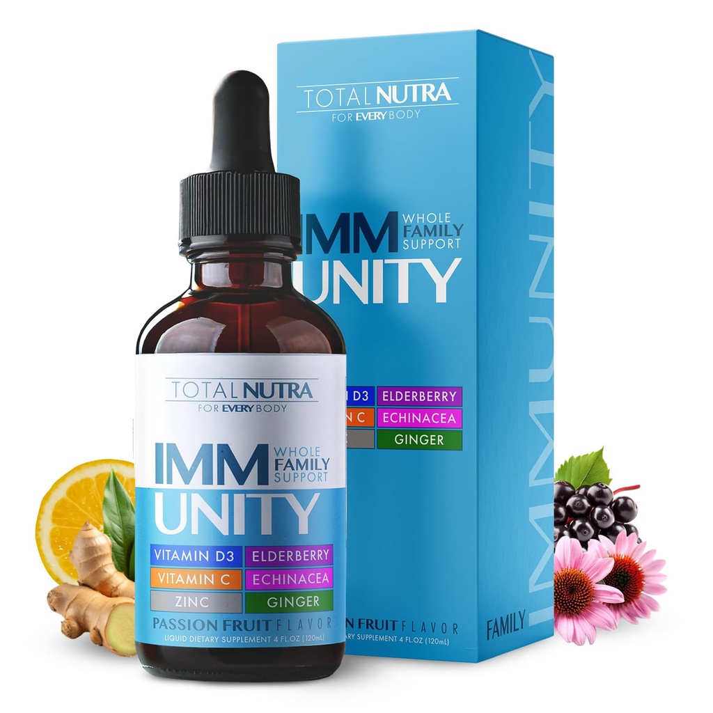 Supplément multivitamine liquide 6-en-1 Imune totale 100% zinc quotidien, vitamine D3, vitamine C gouttes d'immunité Vitamine liquide, Echinacea, Ginger Support pour les adultes et les enfants