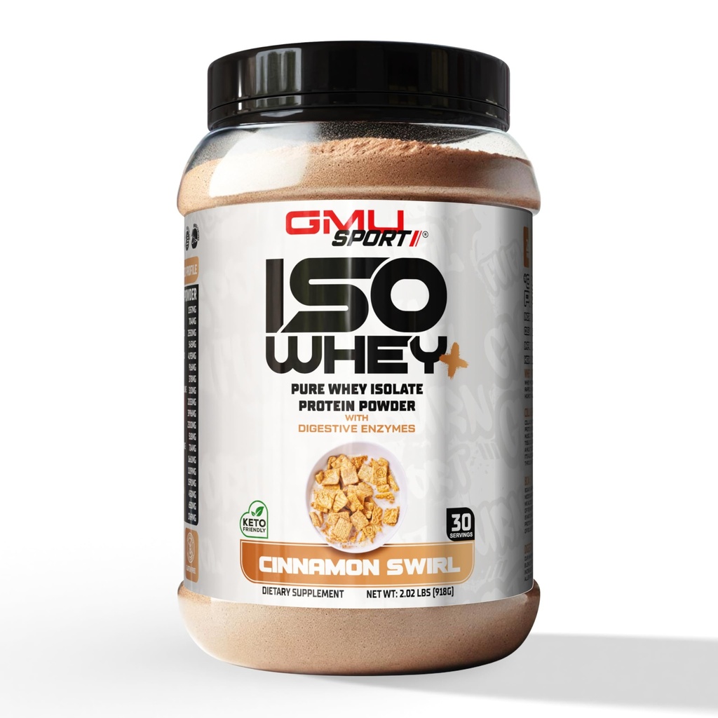 GMU SPORT - Poudre Isolée 100 % de protéines de lactosérum - Poudre Isolée 2 LB de protéines de lactosérum avec peptides de collagène, enzymes digestives et BCAA - Poudre Protéine avec 30 portions - Cinnamon Swirl