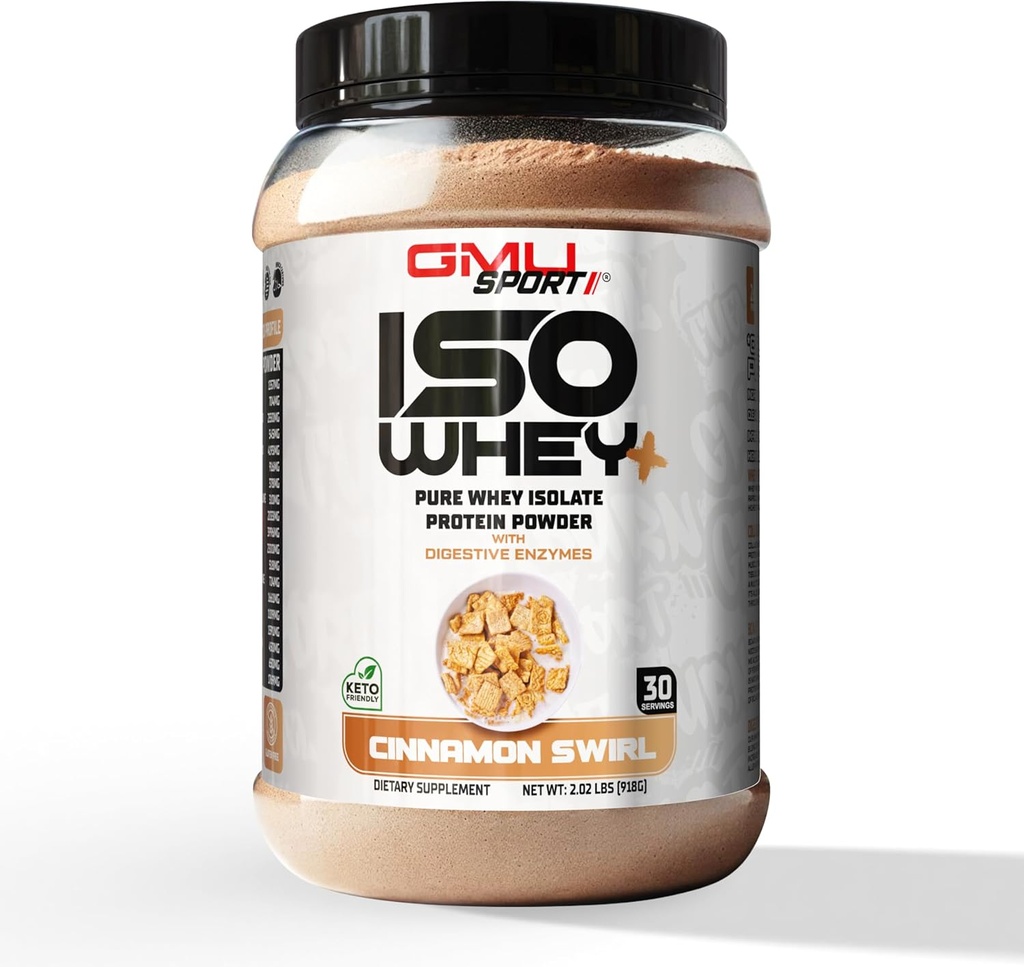 GMU SPORT - Poudre Isolée 100 % de protéines de lactosérum - Poudre Isolée 2 LB de protéines de lactosérum avec peptides de collagène, enzymes digestives et BCAA - Poudre Protéine avec 30 portions - Cinnamon Swirl