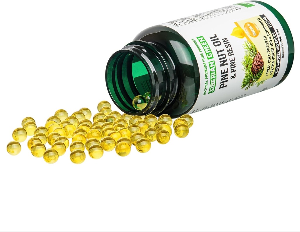 Huile d'écrou de pin vert de Sibérie avec/Pine Capsules de résine 200 Softgels Wild Harvested Sibérie Altai Cold Pressed Non raffiné