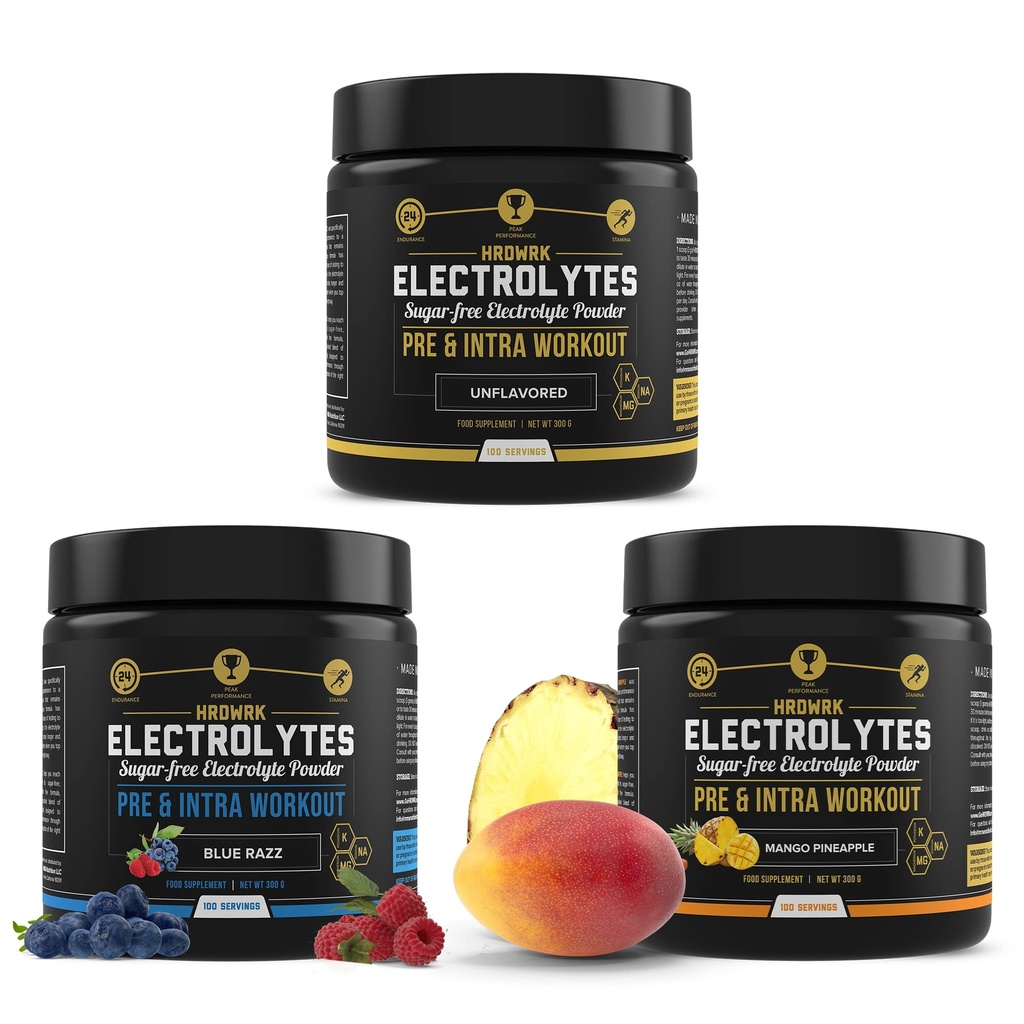 MMA Nutrition HRDWRK - 100 portions Kéto électrolytes Poudre Hydratation sans sucre - Poudre d'électrolyte pour stimuler l'endurance et réduire la fatigue avec électrolytes Supplément lot de 3
